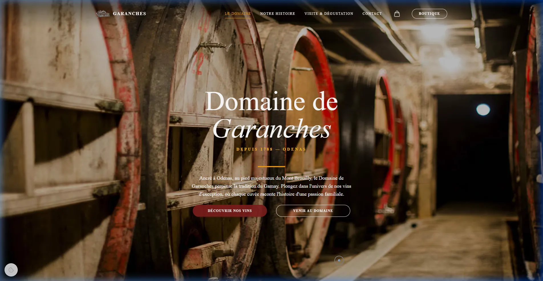 Page d'accueil du site e-commerce de vins Garances, design sombre et élégant