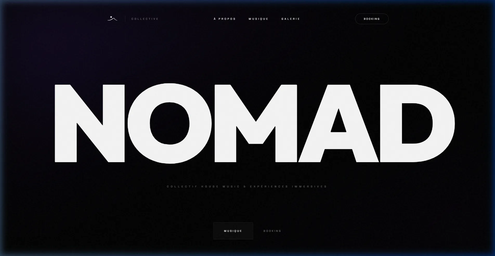 Interface immersive du site NOMAD, ambiance sombre et artistique